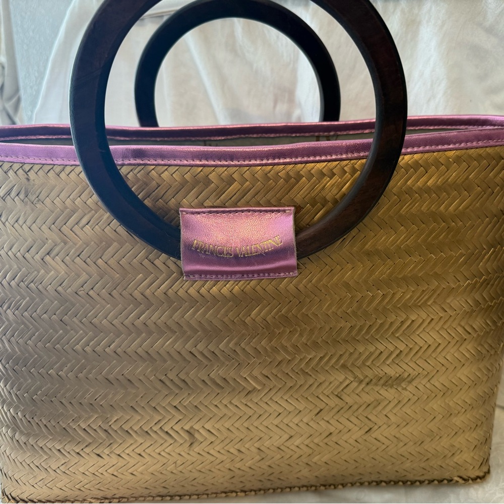 Frances Valentine Straw Tote with Pink Trim and Dark Wood Handles